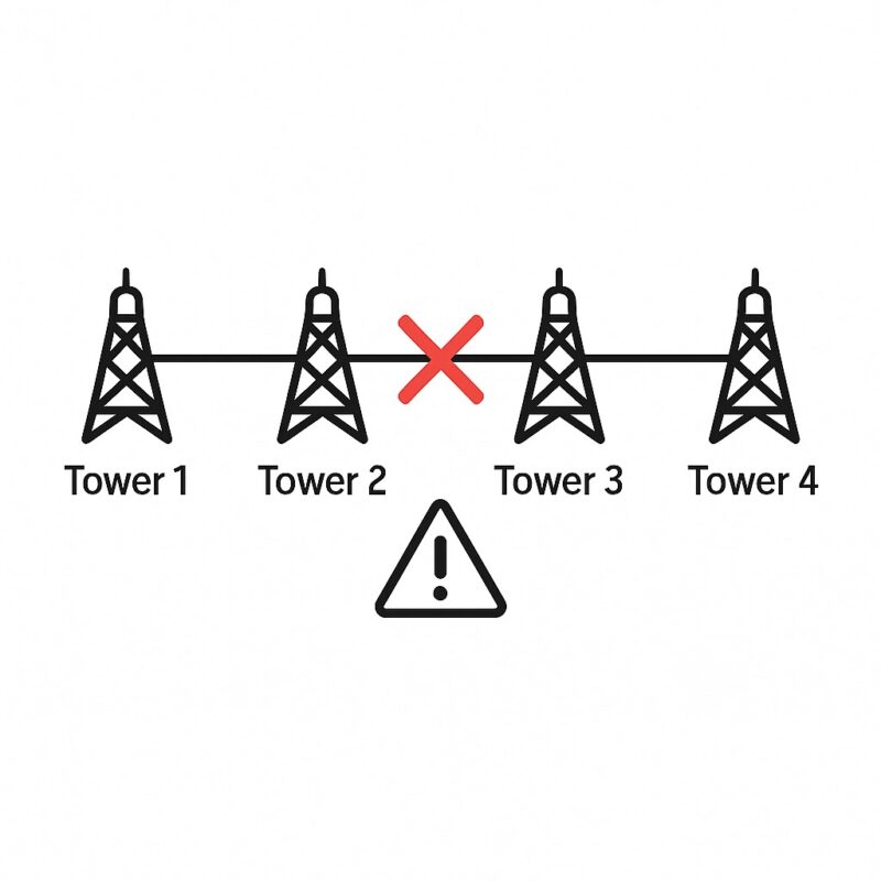 Topología Backbone para ISP mostrando interrupción por falla de nodo en conexión lineal.