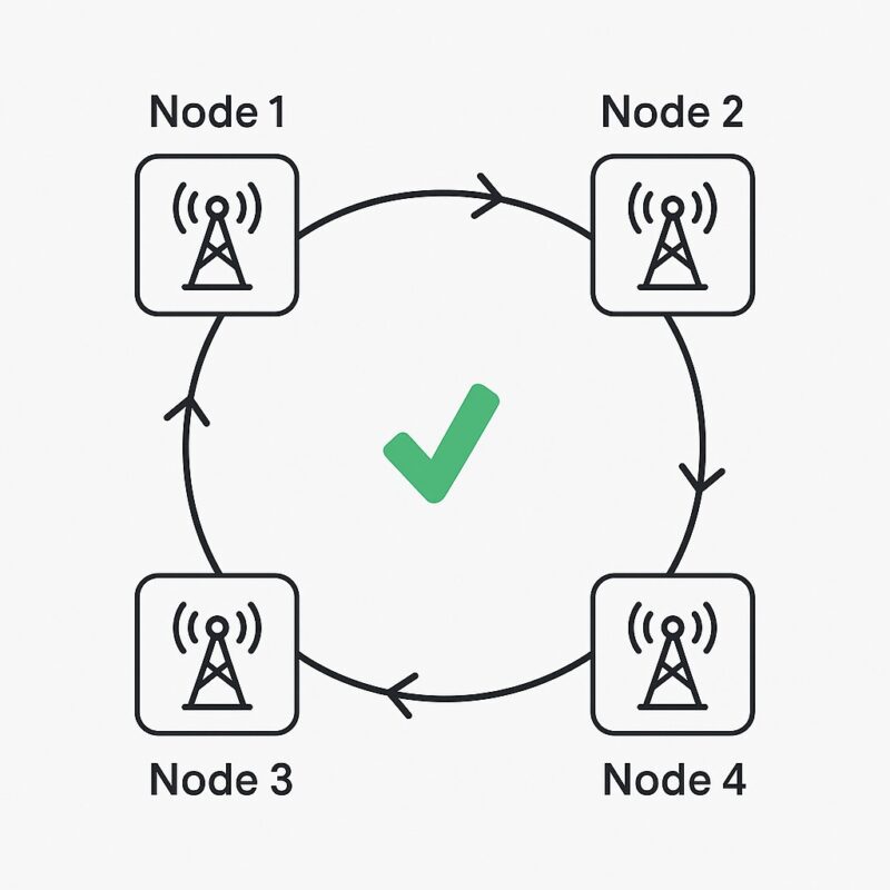 Topología en anillo para ISP con redundancia, mostrando nodos interconectados para alta disponibilidad.